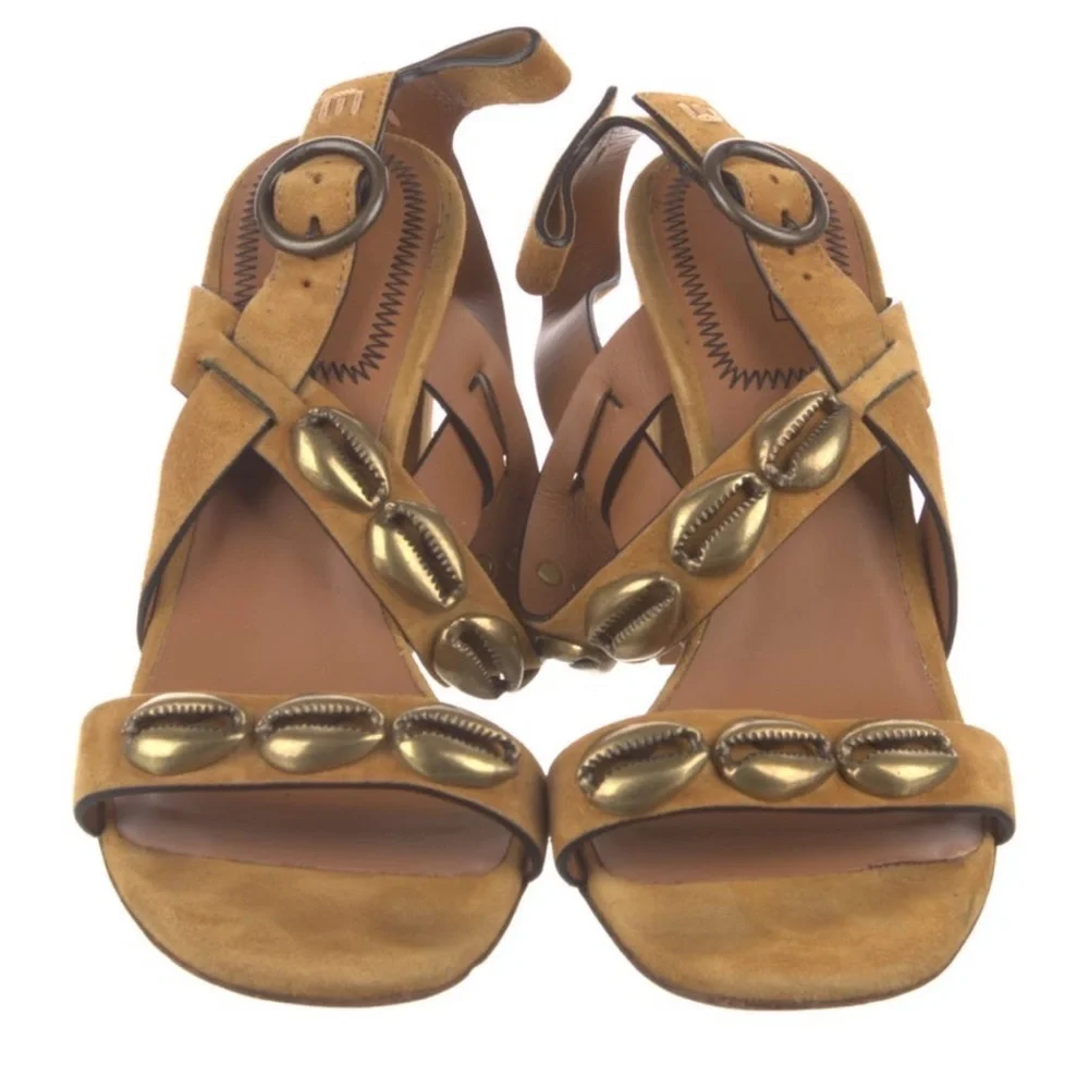 Etro Suede Cowrie Shell Block Heel Sandals Size 7 womens